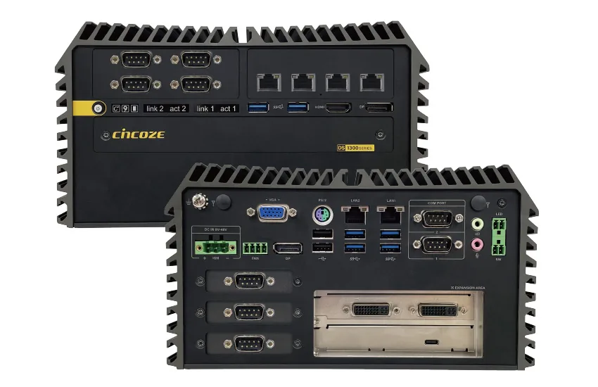 Hai máy tính Cincoze DS-1302 chồng lên nhau, mặt sau lộ các mặt nạ cổng của module CMI và khe card PCIe
